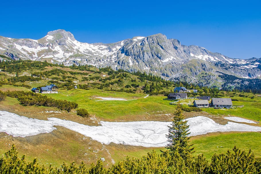alm, mountain, alpine, mountains, hiking, hochschwab, snow HD wallpaper