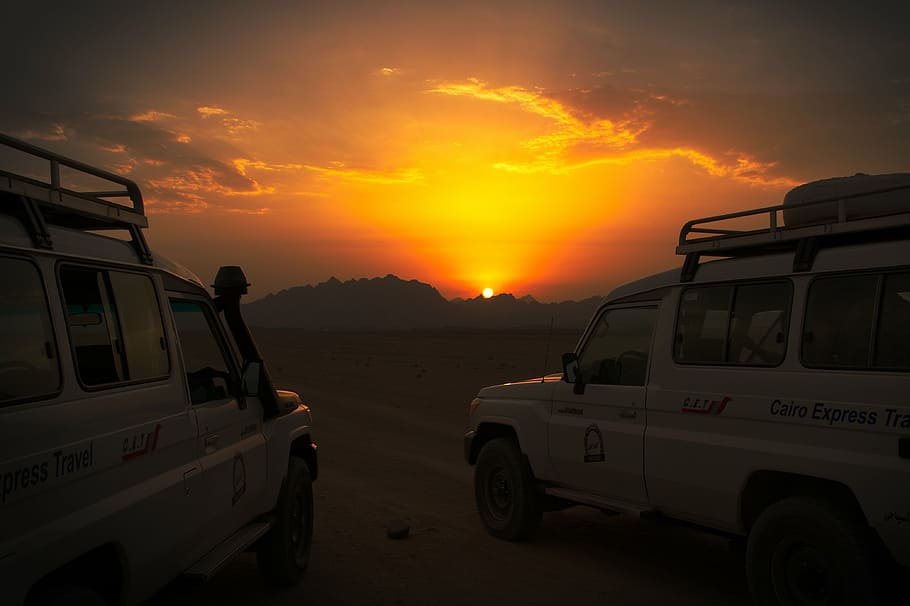 egypt, sunset, desert, mode of transportation, sky, land vehicle HD wallpaper