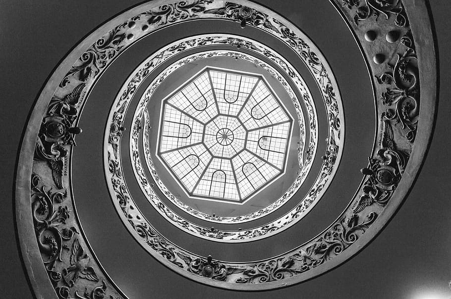 staircase, double spiral, geometric shape, architecture, indoors HD wallpaper