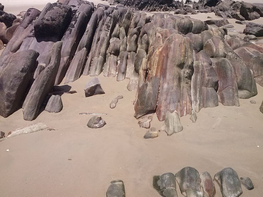 beach, stones, sand, rock, rock - object, solid, rock formation HD wallpaper