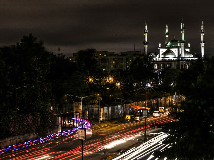 timelapse photo of street during nighttime, mosque, light trail HD wallpaper