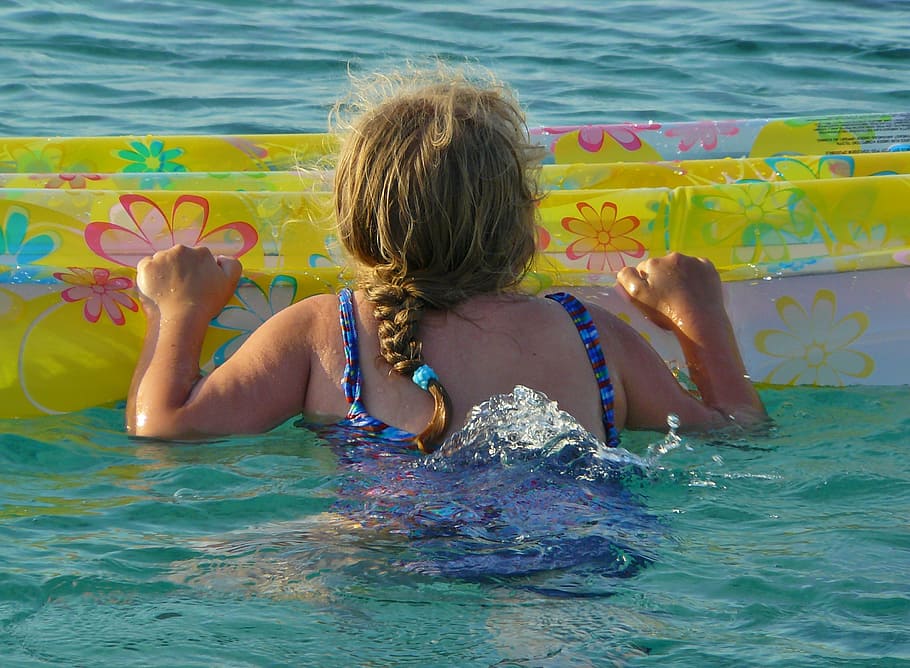 child, girl, swim, air mattress, sea, holiday, beach, travel, HD wallpaper