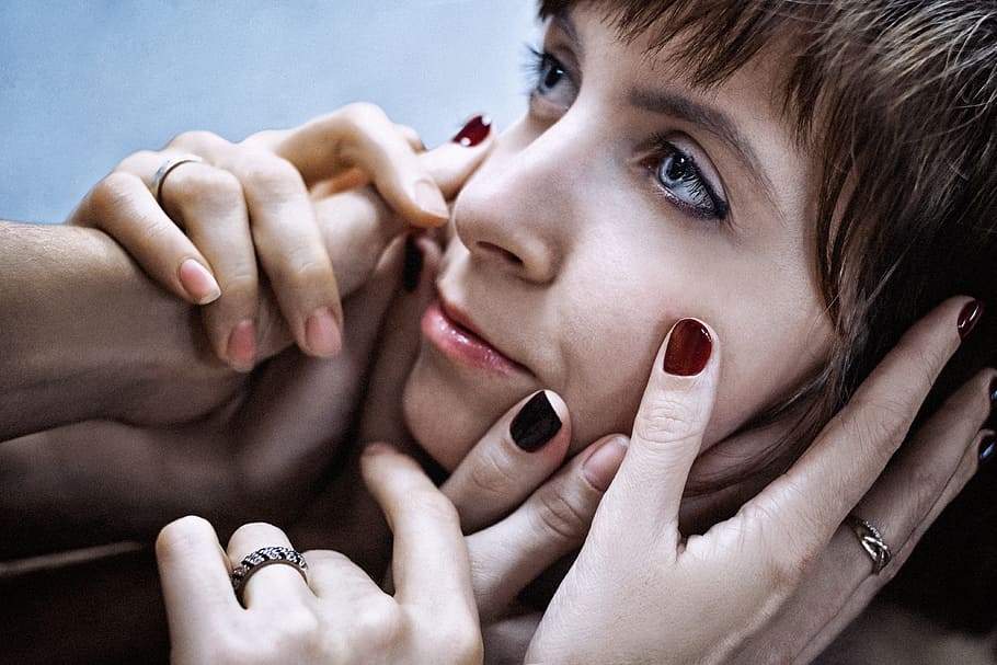 photo of hands touching woman's face, hads, girl, model, brush HD wallpaper