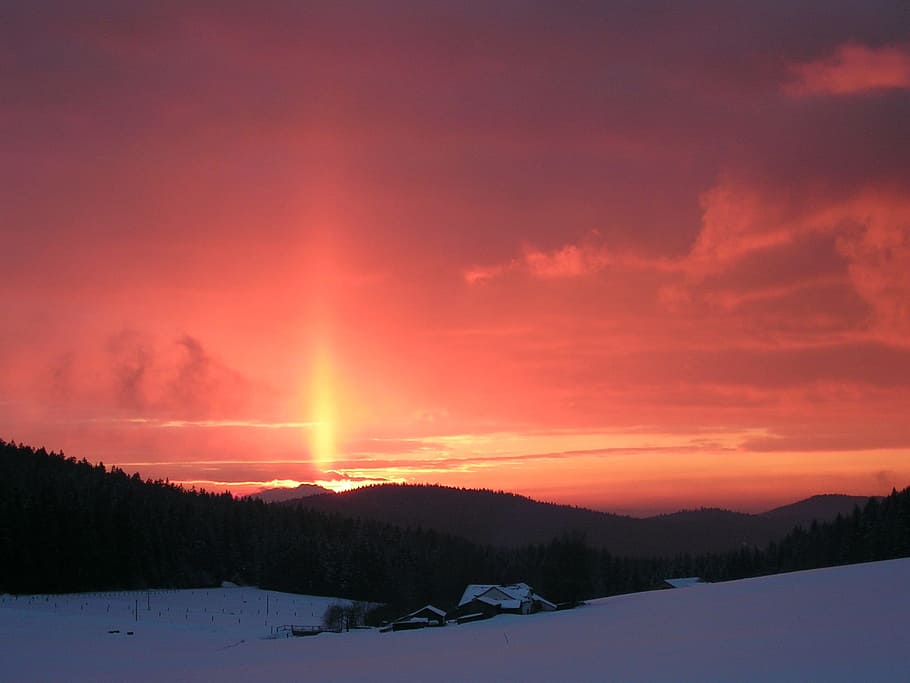 white house under the sunrise, sunset, landscapes, sky, red HD wallpaper