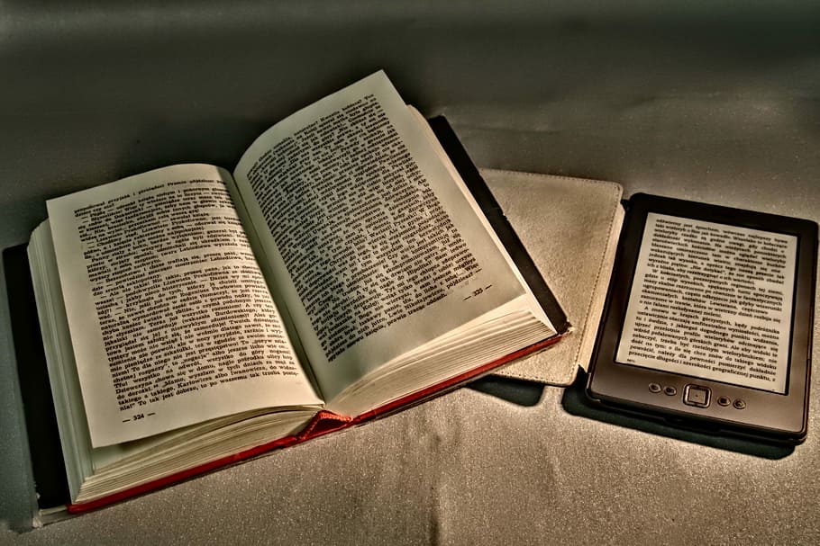 open book beside black tablet on brown textile, Reading, Book