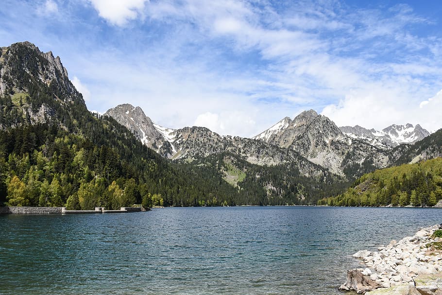 body of water across mountain, lake and mountain view, cloud HD wallpaper