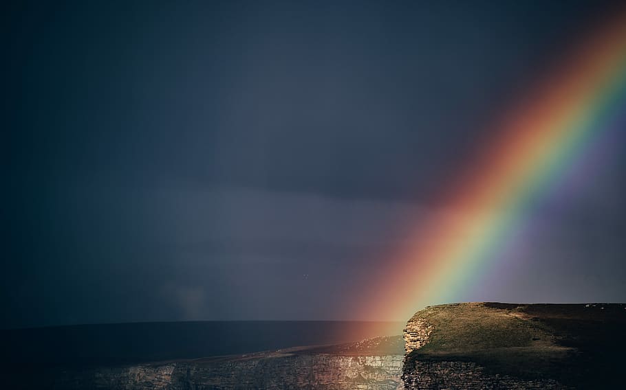 rainbow on plateau photo, vignette photography of rainbow, cliff HD wallpaper