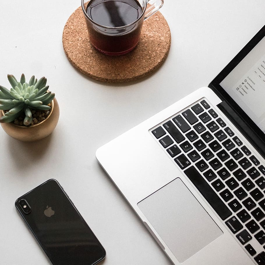 space gray iPhone X beside turned on laptop beside coffee and succulent plant, MacBook Pro with gray iPhone X on table HD wallpaper