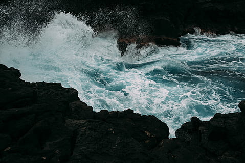 ocean wave near rock, sea waves near black rock formation, coast HD wallpaper