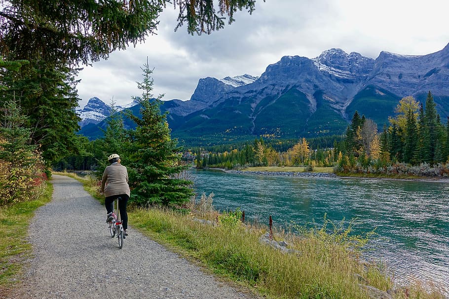 person biking near trees and body of water during daytime, rider HD wallpaper