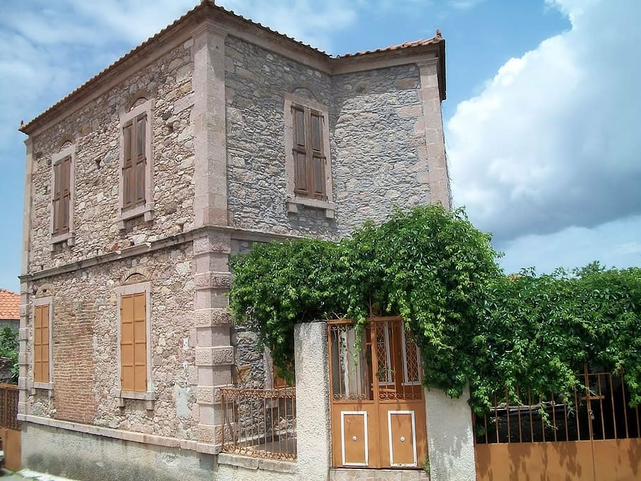 classic, stone, home, greece, village, lesbos, sky, architecture, HD wallpaper