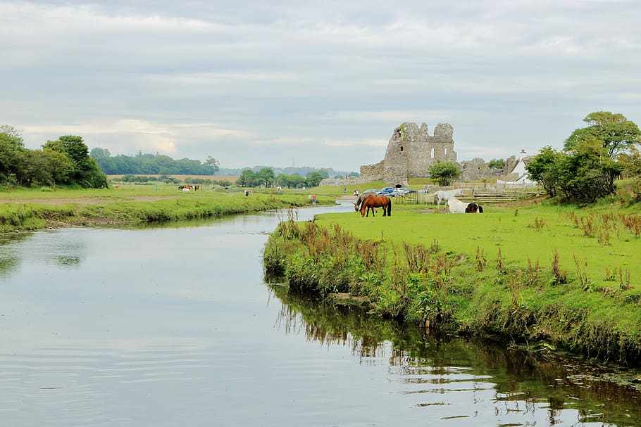castle, river, landmark, landscape, town, historical, nature HD wallpaper