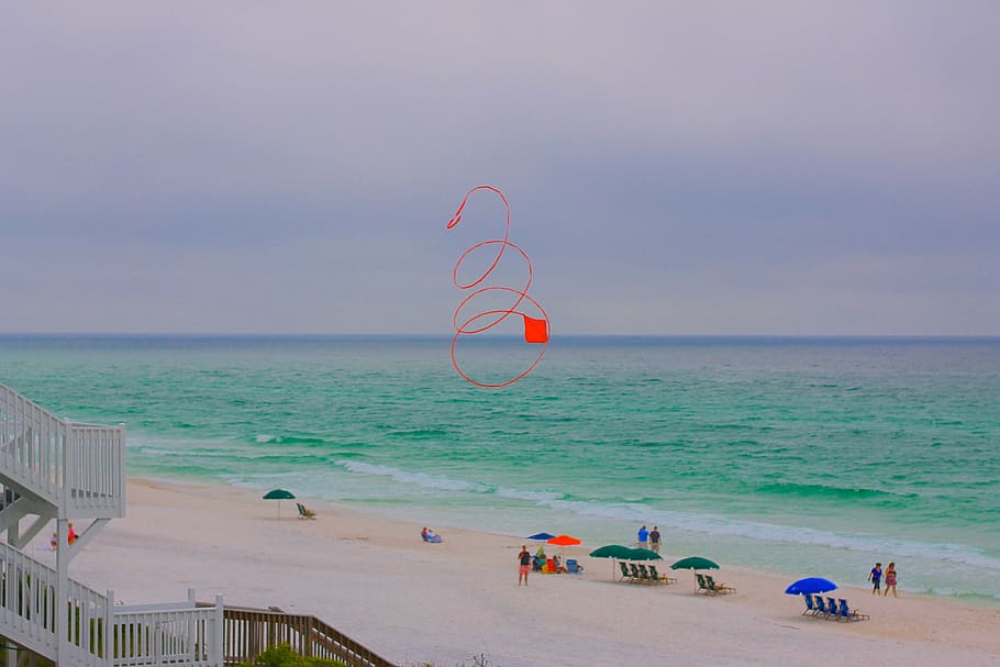 beach, kite, red, flying, red kite, swirly kite, summer, fun HD wallpaper