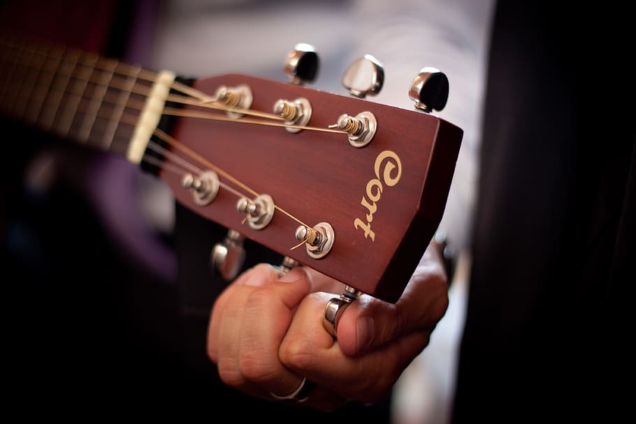 shallow focus photography of brown Cort guitar headstock, guitarist