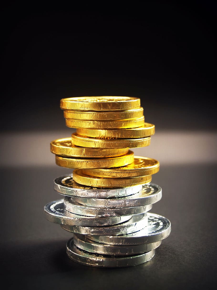pile of gold-and-silver-colored coins, cash, isolated, tower, HD wallpaper