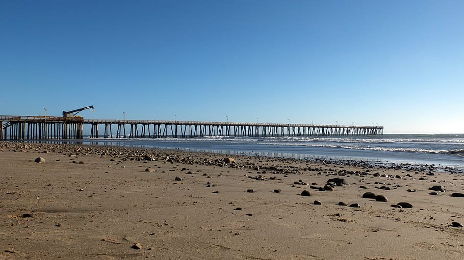 pier, beach, california, sea, land, water, sky, sand, nature HD wallpaper