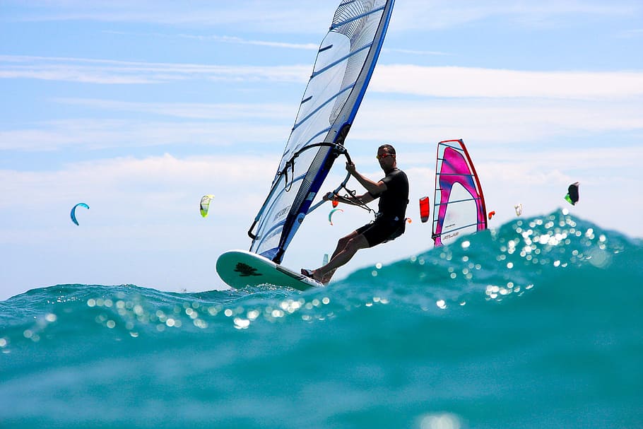 man windsurfing on body of water, wave, sea, ocean, action HD wallpaper