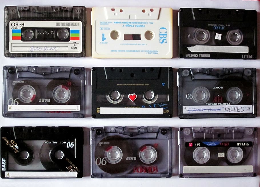 nine assorted-title cassette tapes, music cassette, mc, walkman