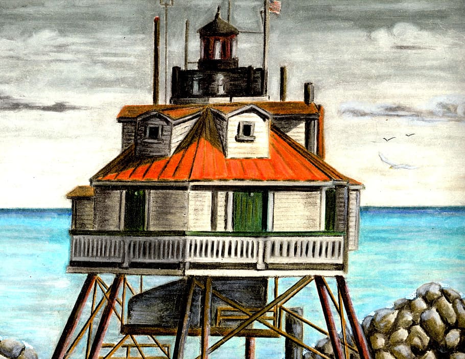 sea, water, lighthouse, drawing, coast, outdoor, summer, built structure HD wallpaper