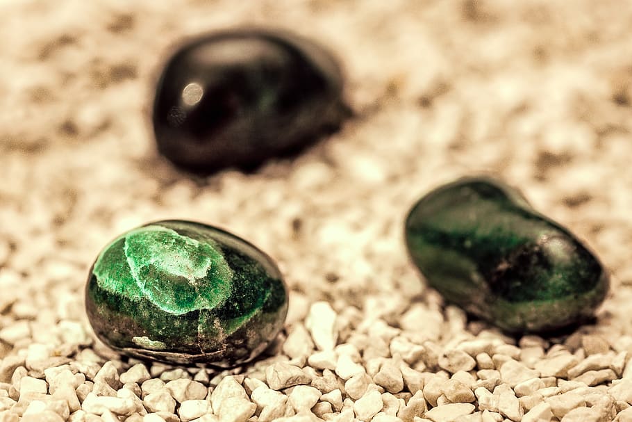 three green and black stones on white surface, Gem, Mineral HD wallpaper