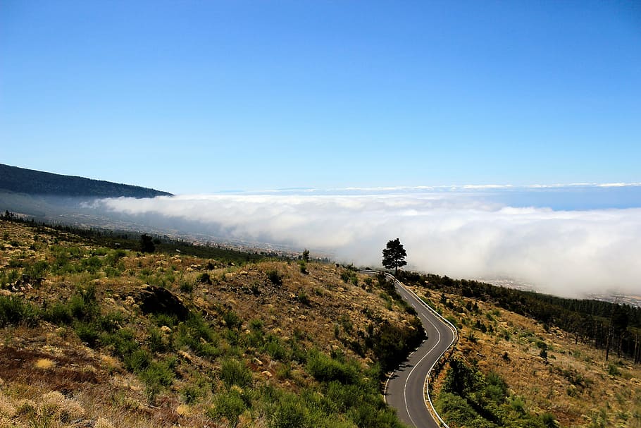 cloud cover, road, view, sky, landscape, nature, mountains HD wallpaper