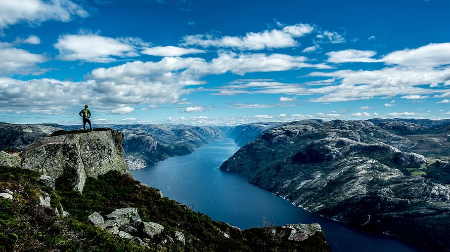 skyline photo of mountain, adventure, clouds, hike, landscape HD wallpaper