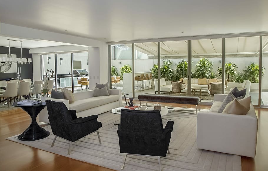 Living dining room and patio, couch and armchairs standing inside the living room HD wallpaper