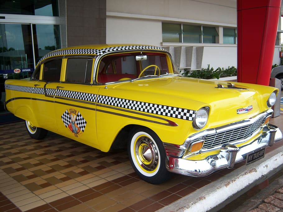 yellow cab, taxi, car, old car, old cars, old vehicle, mode of transportation, HD wallpaper