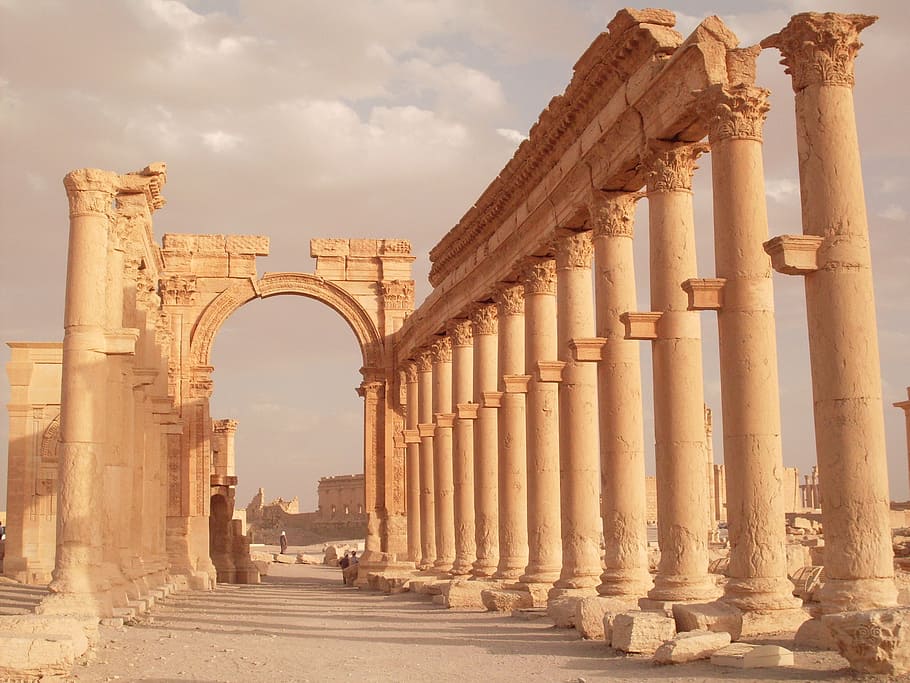 beige ruins during daytime, palmyra, rome, syria, colonnade, excavations