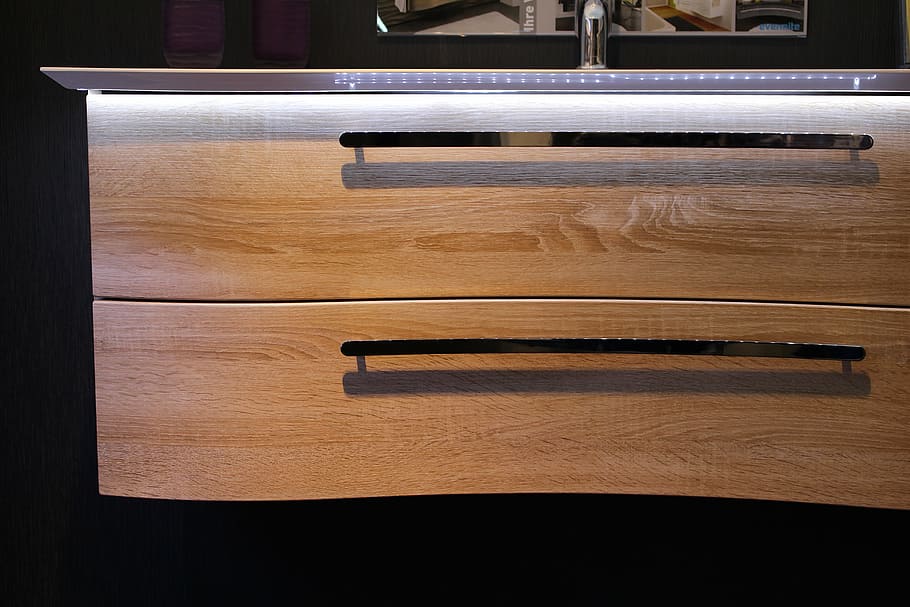 close-up photo of closed brown wooden 2-drawer dresser, bathroom HD wallpaper