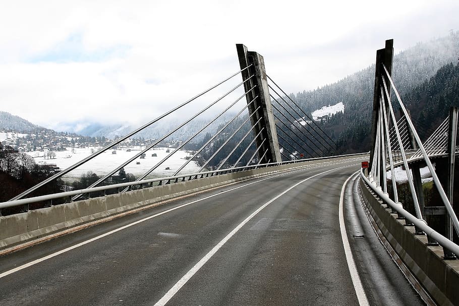 bridge, high, asphalt, wet, highway, scenery, cloudy, gray HD wallpaper