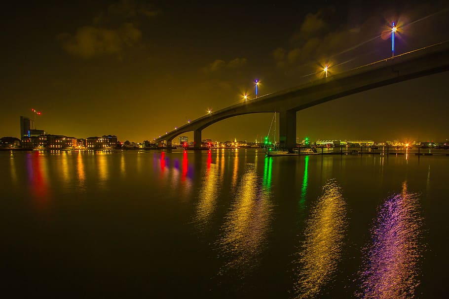 body of water, southampton, night, light, architecture, built structure HD wallpaper