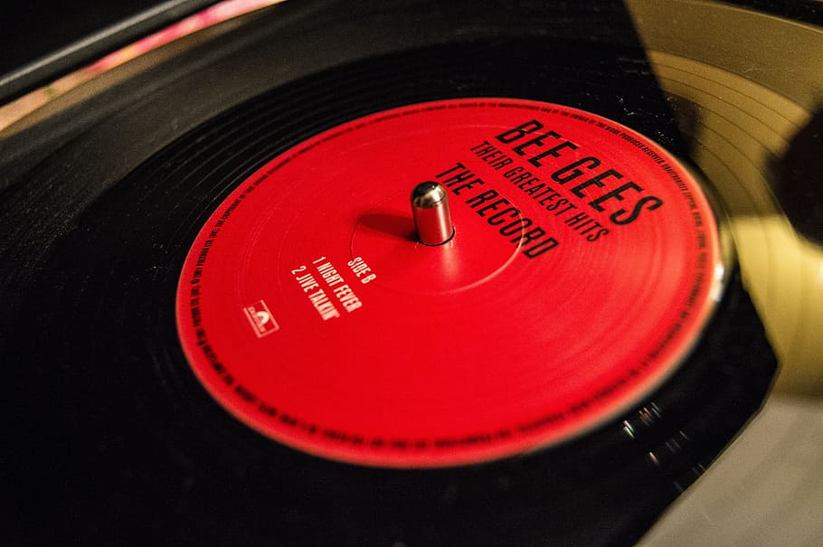 Bee Gees vinyl disc, music, needle, sound, the rhythm, arm, turntable