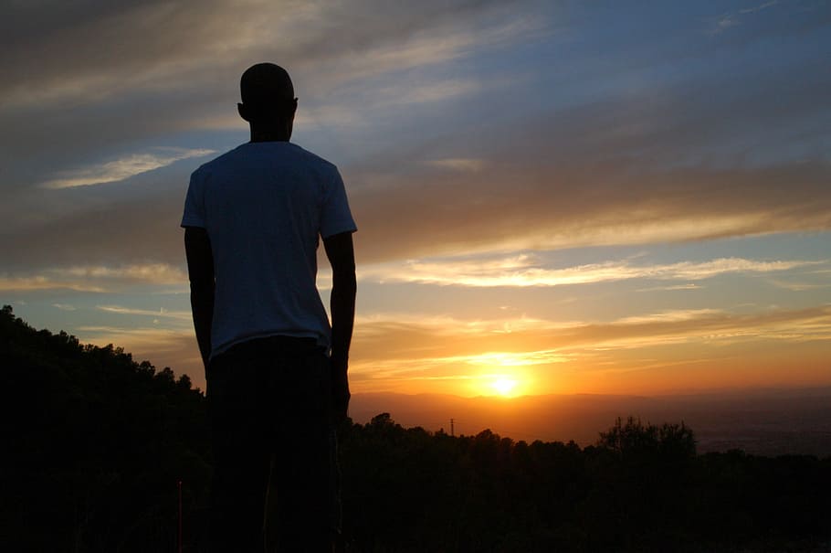 Sunset, Sun, Man, Person, Silhouette, rear view, one man only HD wallpaper
