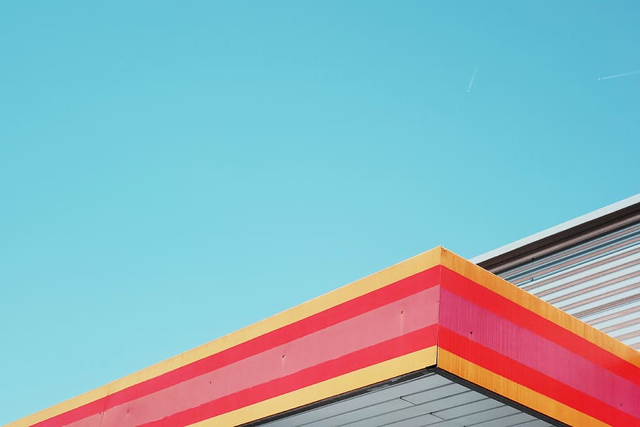 red, pink, and yellow wooden board, roof, gutter, structure HD wallpaper