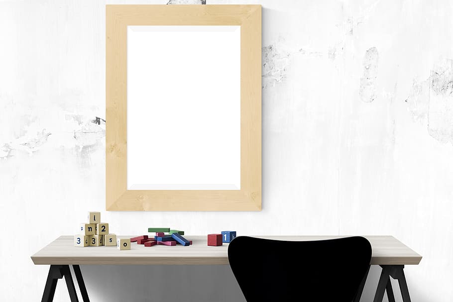 black chair beside console table and white wall, poster, mockup HD wallpaper