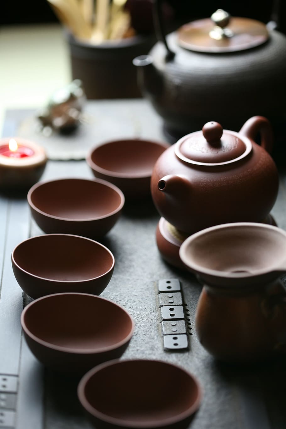 brown tea set photography, teapot, tea cup, zen, indoors, ceramics