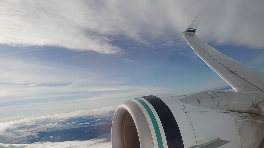 view from plane window, teal, black, and white aircraft turbine HD wallpaper