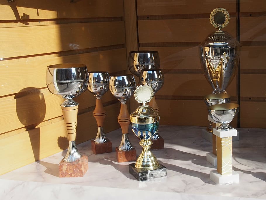 cups, shiny, silver, gold, award, glass, no people, table, transparent HD wallpaper