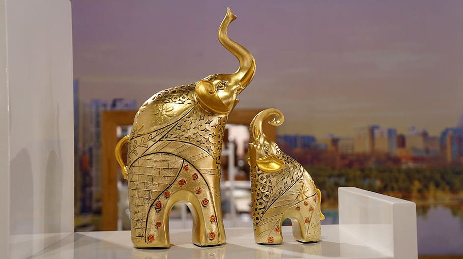 elephant, decorate, yellow, gold colored, representation, architecture HD wallpaper