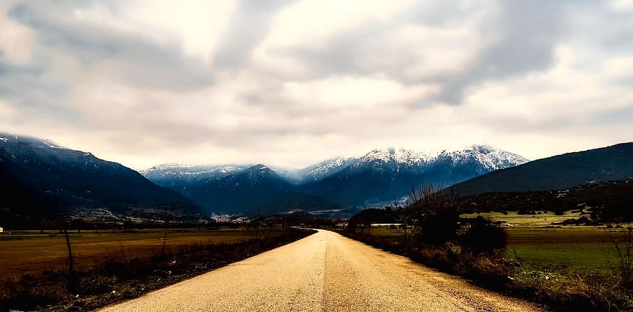 brown road under white clouds, greece, panorama, sky, sunrise HD wallpaper