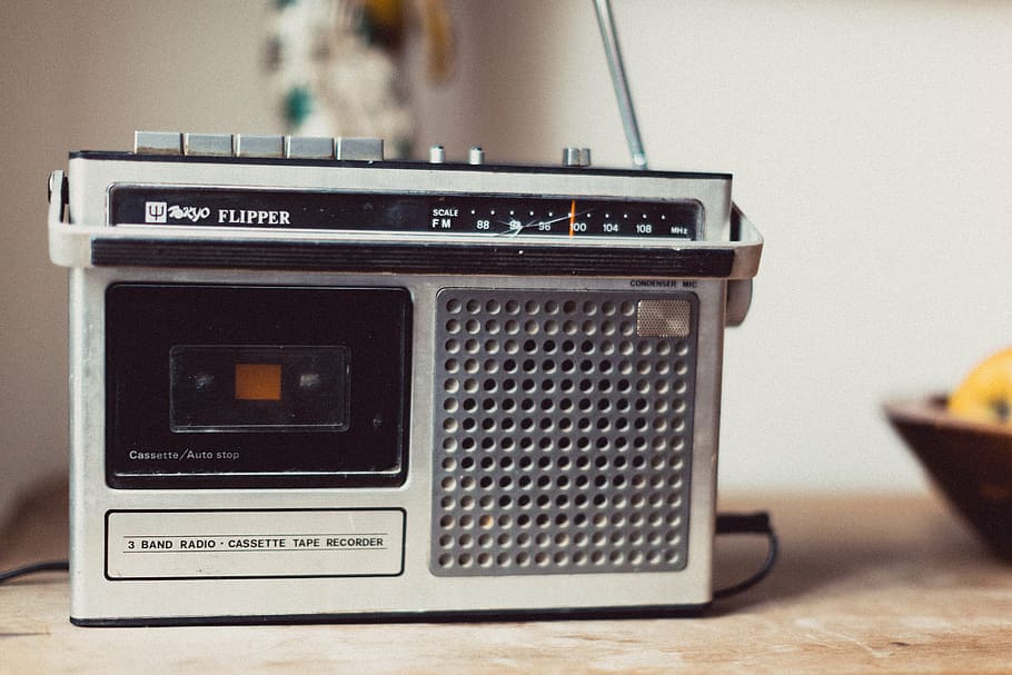 gray FM radio, white, black, flipper, cassette, player, cassette player, HD wallpaper