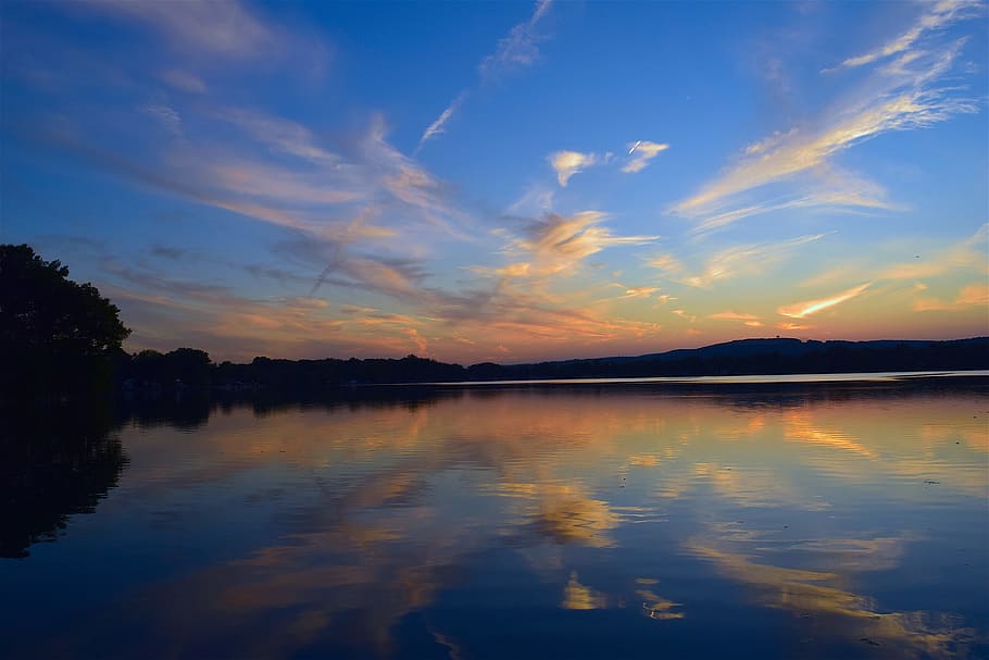 sunset, lake, landscape, sky, clouds, nature, water, reflection HD wallpaper