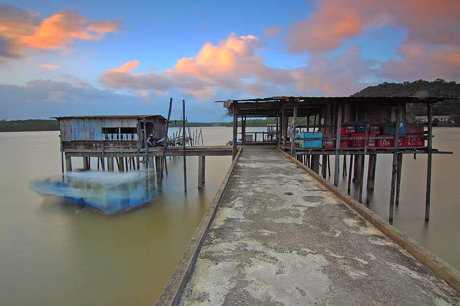 wood, jetty, sea, dawn, beach, boat, bridge, clouds, daylight HD wallpaper