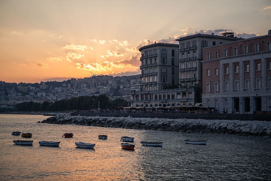 Wide angle shot taken on the coast of Napoli in Italy at sunset, image captured with a Canon 5D, HD wallpaper