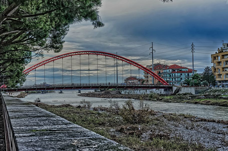 albenga, bridge, arc, red, suspended, centa, river, mouth, liguria HD wallpaper
