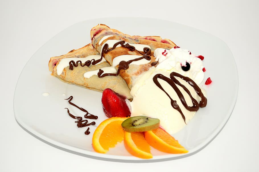 dessert filled white plate, pancakes, fruit, sweets, whipped cream HD wallpaper