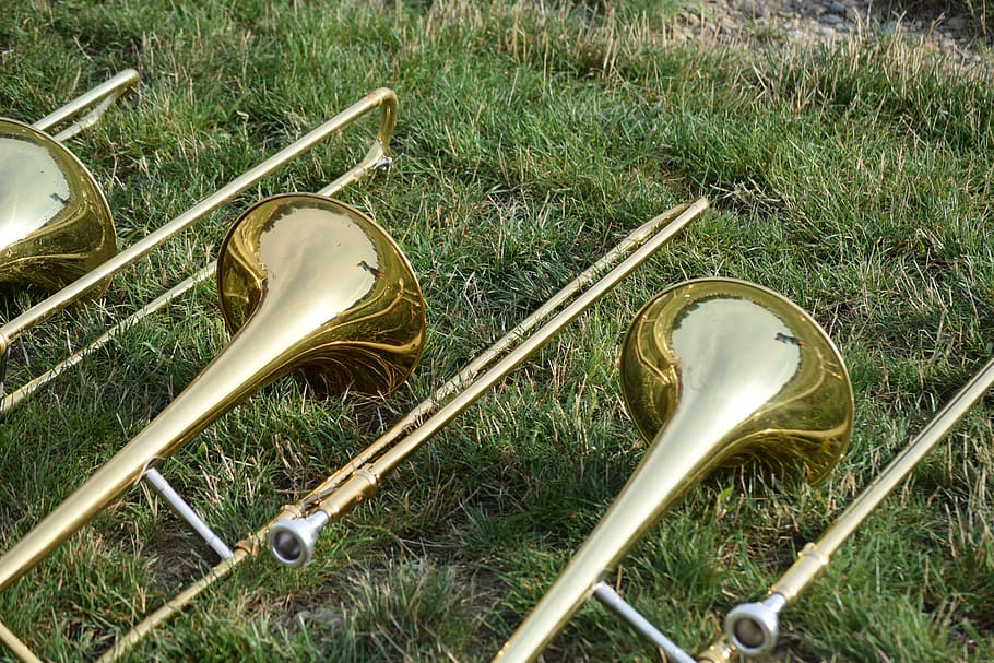 three trombones on grass field, music, musical instruments, horns