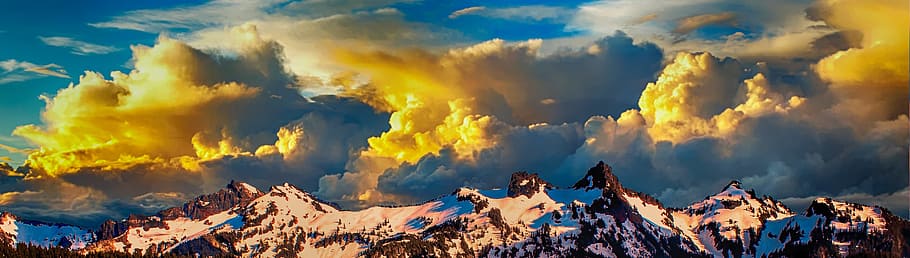 snowy mountain range and yellow clouds at daytime, mountains HD wallpaper