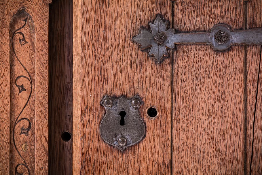 black steel keyhole on brown wooden door, key hole, metal, fitting, HD wallpaper